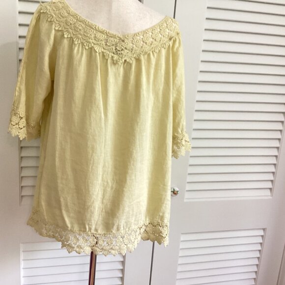 Piazza Roma 100% Linen Blouse Tunic Shirt Size M Buttery Yellow W/ Lace Details - Picture 9 of 13